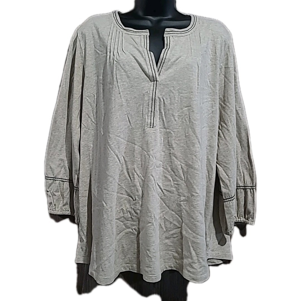 Pure Jill Elements Split Neck Embroidered Top Lg Relaxed Fit Beige Pleated Back